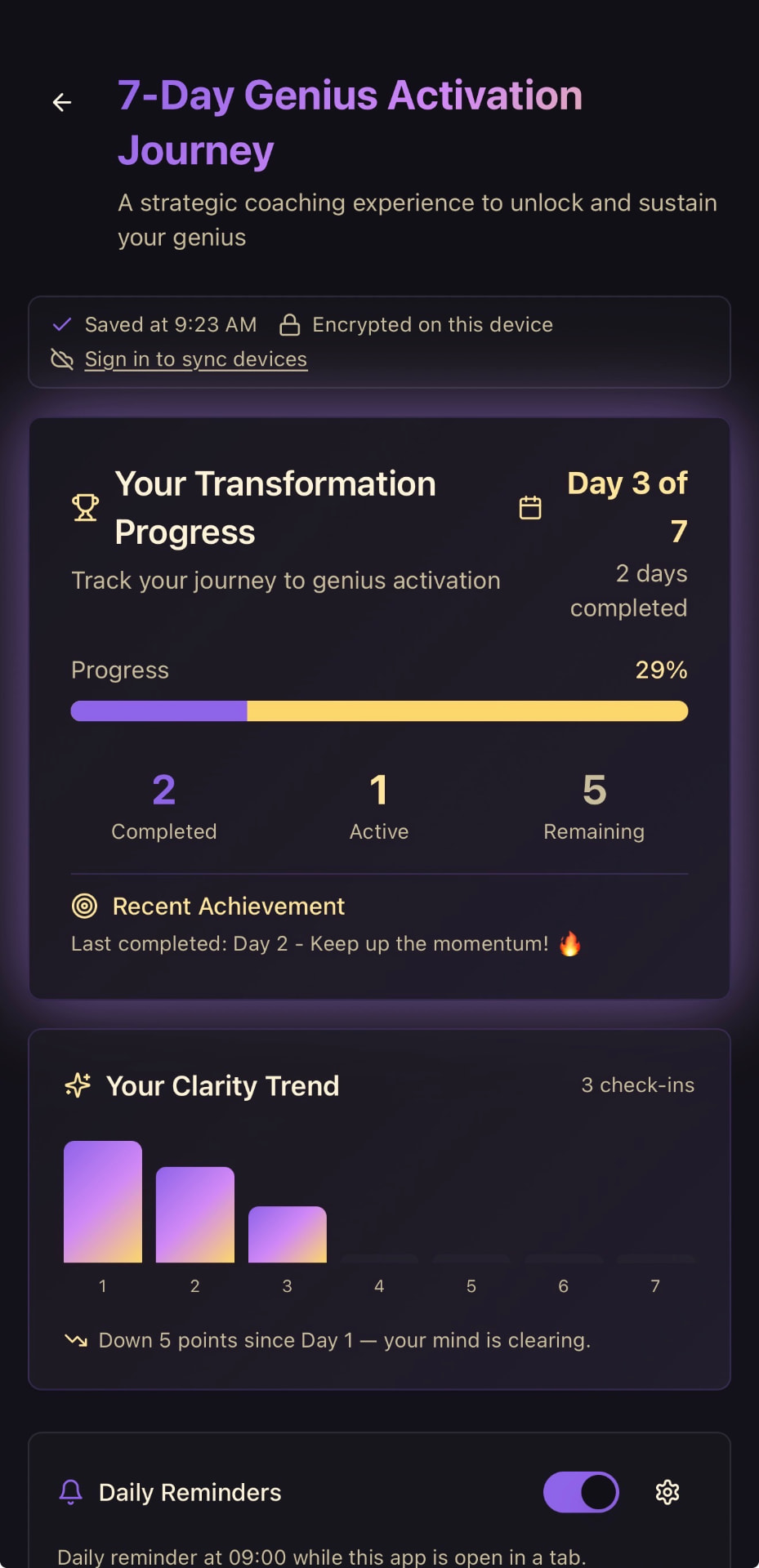 Genius Unlocked seven-day activation journey showing transformation progress, clarity trend, and daily reminders