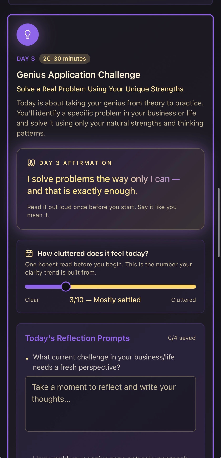 Genius Unlocked interactive daily challenge with an affirmation, clarity check-in, and reflection prompts