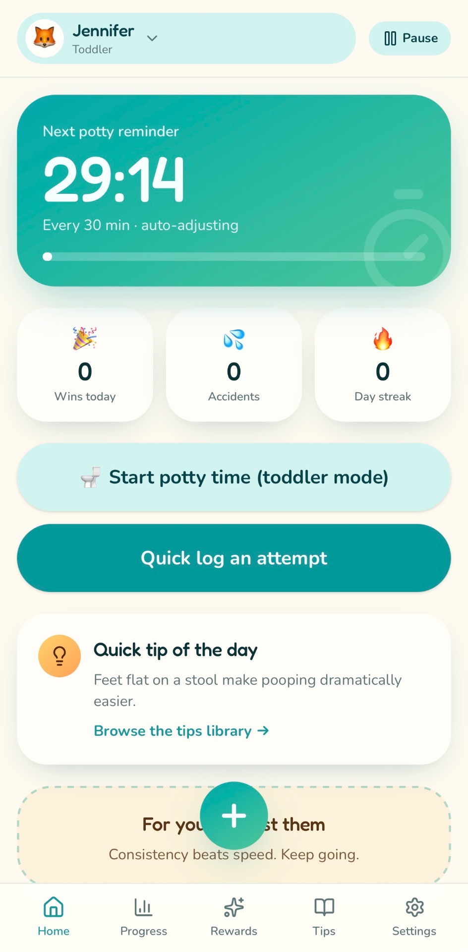 PottyPal home screen with potty reminder timer, wins, accidents, day streak stats, and quick tip