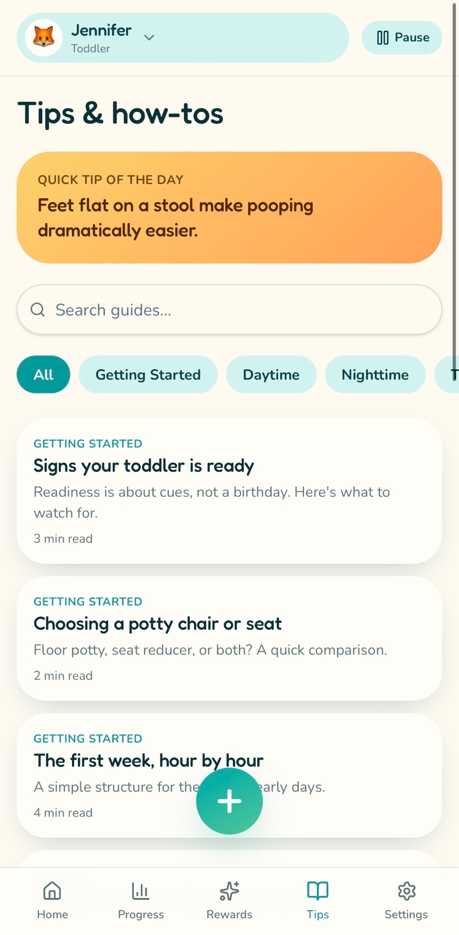 PottyPal Tips and how-tos library with categorized potty training guides